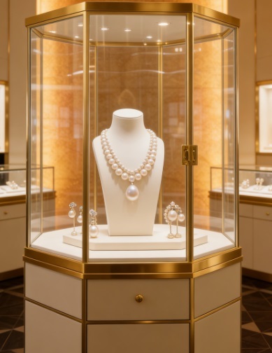 Elegant Hexagonal Jewelry Display Cabinet with White Base Drawers Boutique Retail Showcase LED Lighting for Necklaces Rings