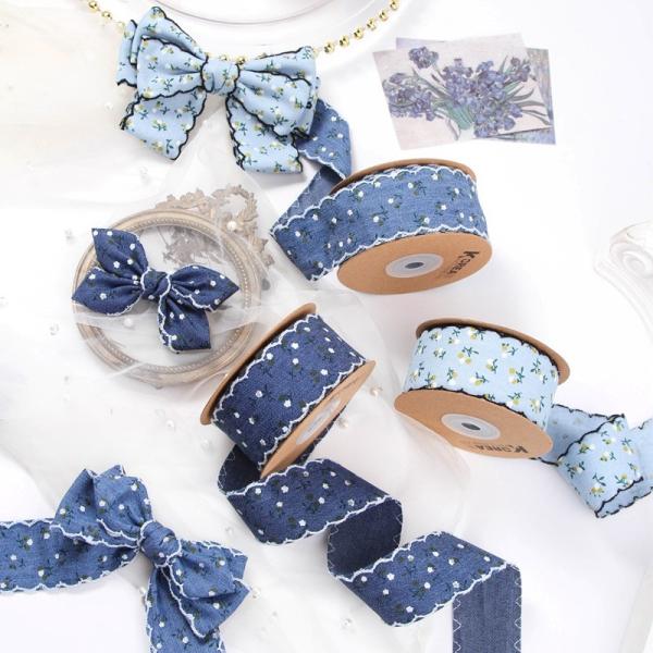 2.5cm Bud Edge/straight Edge Single-sided Small Floral Imitation Denim Ribbon Flower Gift Box Packaging DIY Bow Headband Color Fastness