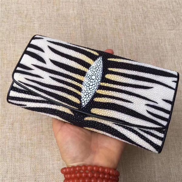 Authentic Stingray Skin Female Long Trifold Wallet Coin Case Genuine Leather Women Large Red Clutch Purse Lady Money Bag