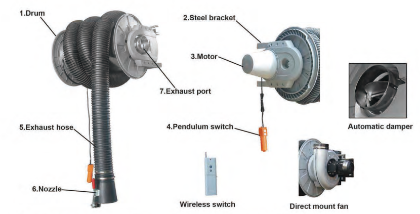 Electric Exhaust Hose Reel High Temperature Retractable Vehicle Fume Extraction System
