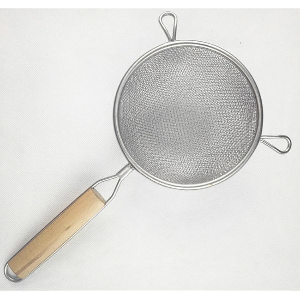 New design kitchen helper stainless steel mesh strianer with wooden handle