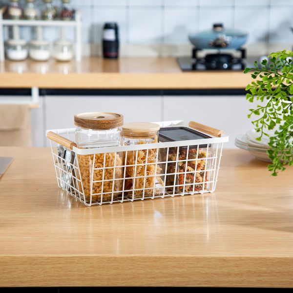 Metal Living Room Organizer White Table Wire Mesh Storage Baskets