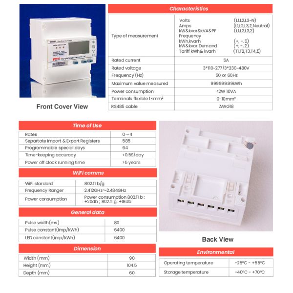 EM537 WiFi 3*133/230V 3*230/400V 5 65 A Wireless KWH Digital Bidirectional Power Meter
