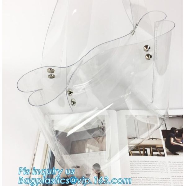 Tote Bags PVC Beach Lash Package Tote Shoulder Bag with Interior Pocket, Waterproof Semi-clear Tote Bags Stripe PVC Shou