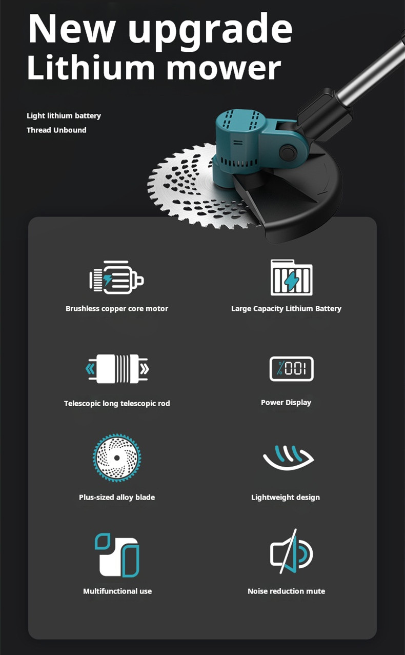 3000 Мах литий без щетки Электрическая садовая газонокосилка Уменьшение шума Легкая