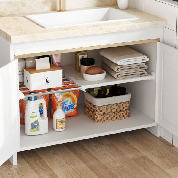 Retractable Expandable Move Free ABS Plastic Containers Panel Bathroom & Kitchen Multifunction Shelf Under Sink Organizer