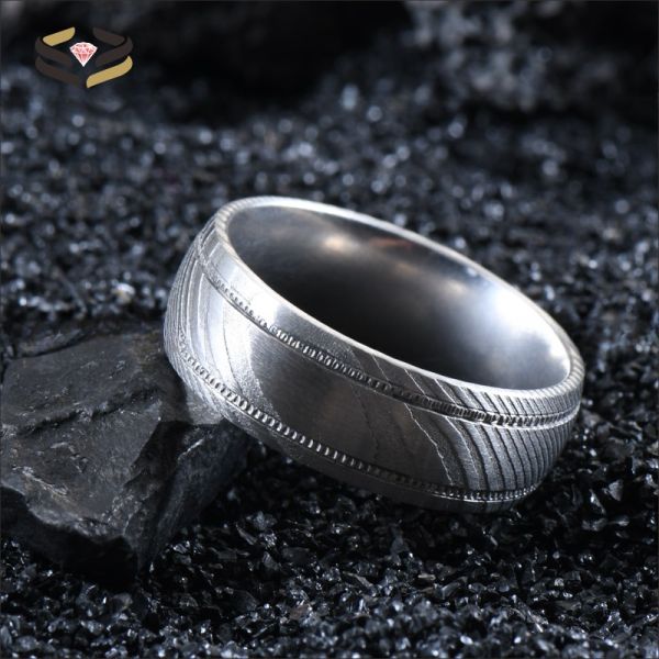 8mm Damascus Steel Men's Wedding Band with Double Gear Groove and Customer's Logo