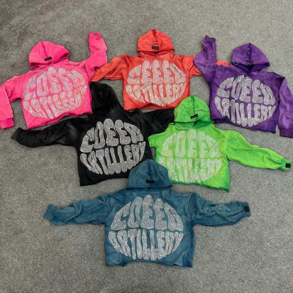 Custom Streetwear Heavyweight French Terry Cotton Acid Wash Pullover Rhinestone Cropped Hoodie Men