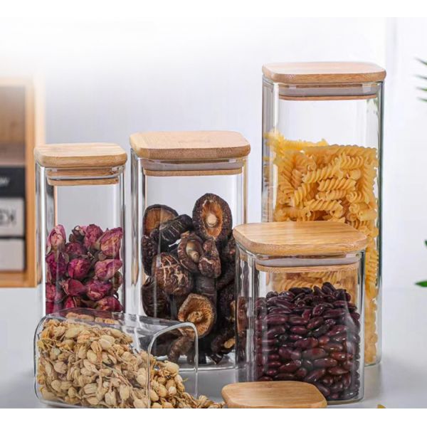 Modern Design Food Storage Container with Bamboo Wood Lid 300ml 500ml Spice Glass Jar