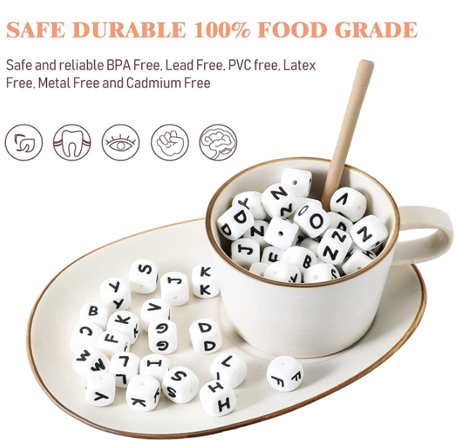 12MM Baby Chew Stress Relief Fidget Toys Non Toxic BPA Free Silicone Alphabet Beads