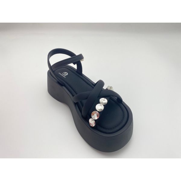 Women black bottomed sandals with rhinestone genuine leather in summer