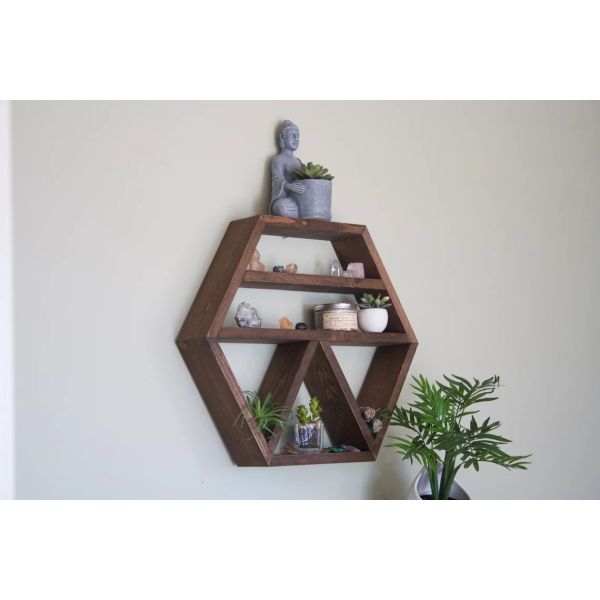 Home Decoration Solid Wood Hexagon Wall Mounted Floating Shelf Wooden Storage Shelves