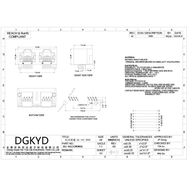 Пластмасса бортового входа KRJ-56S1X2WDWKNL желтая расквартировывая 2 гаван RJ45 сеть Джек