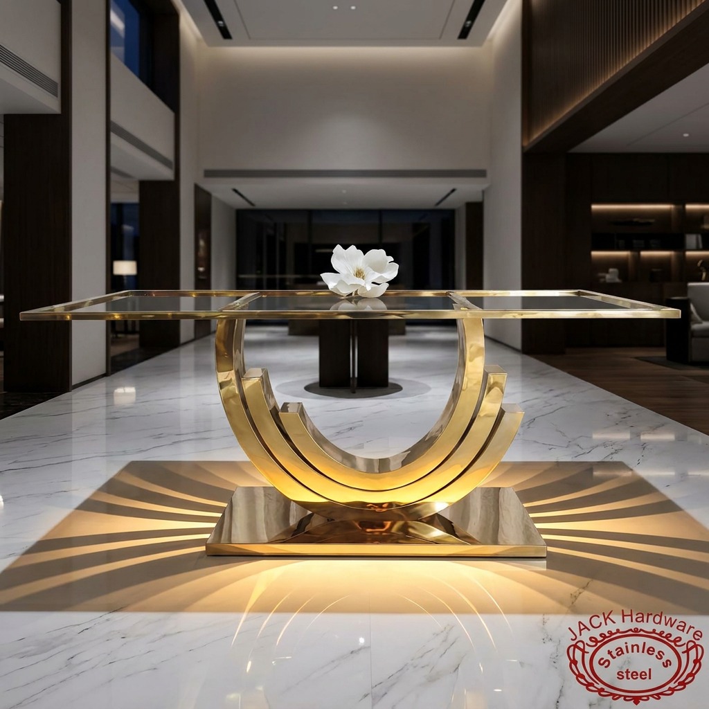 WENDING Gold Multi-Arc Rainbow U-Base Glass Dining Table – Sculptural Hotel Banquet Table
