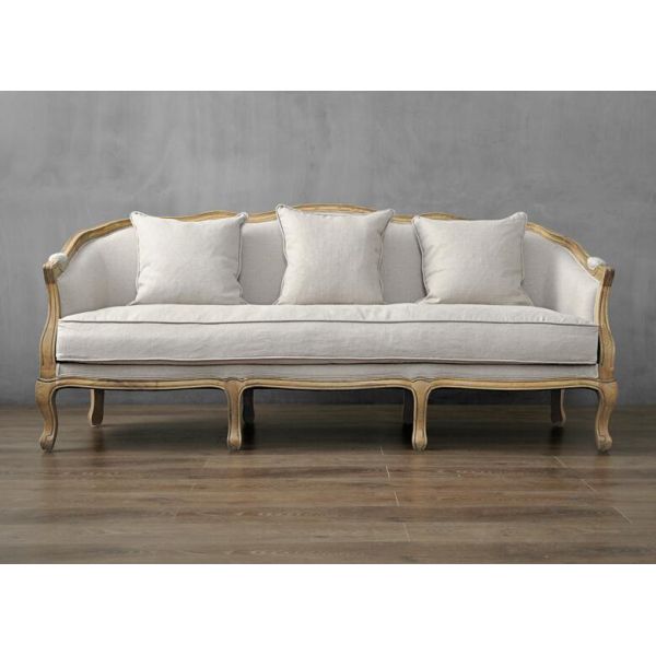 Antique french louis wooden frame sofa linen fabric french style sofa classic upholstered three seat sofa