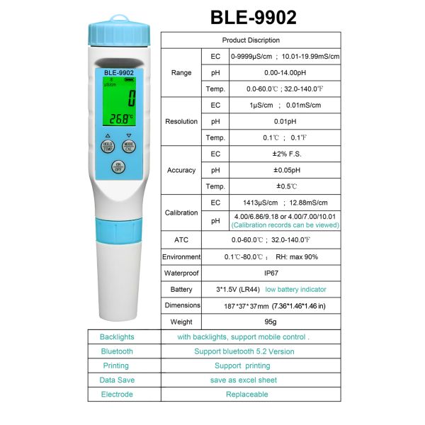 Умный тестер качества воды EC ph-метра Bluetooth тарировка 5 пунктов автоматическая