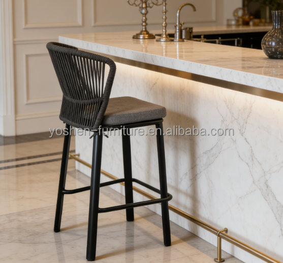 Outdoor Courtyard Rope-woven High-legged Bar Stool, with Backrest, Waterproof and Sun-resistant