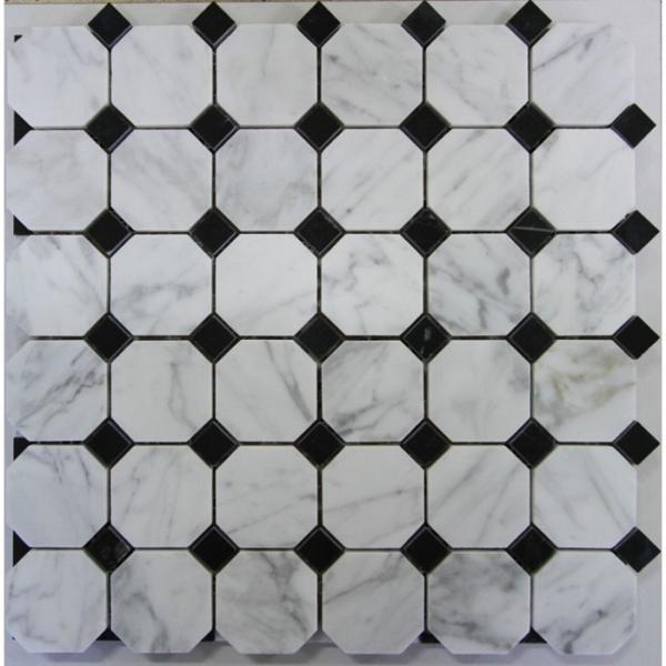 Arabescato Carrara White Italian Stone Mosaic Tile With Octagon Black Dots