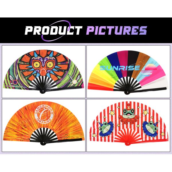 Custom Printed Large 33 cm Portable Painted Design Rave Bamboo Folding Hand Fan for Music Performance Festivals and Parties