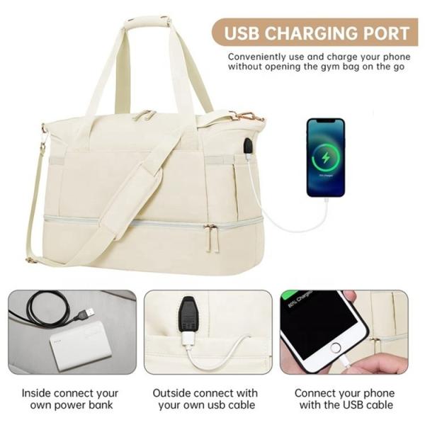 Custom Materials Sports Travel Duffel Bag With Usb Charging Port Wet Dry Separation