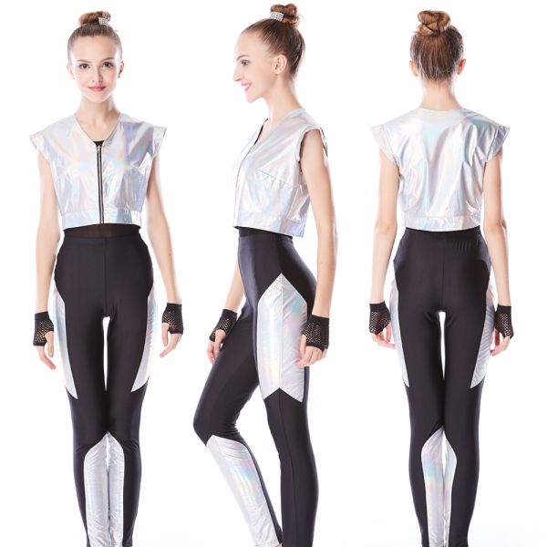 Hip Hop Dance Costumes V Neckline Sparkle Zipper Vest Sports Leotard Competition Wear