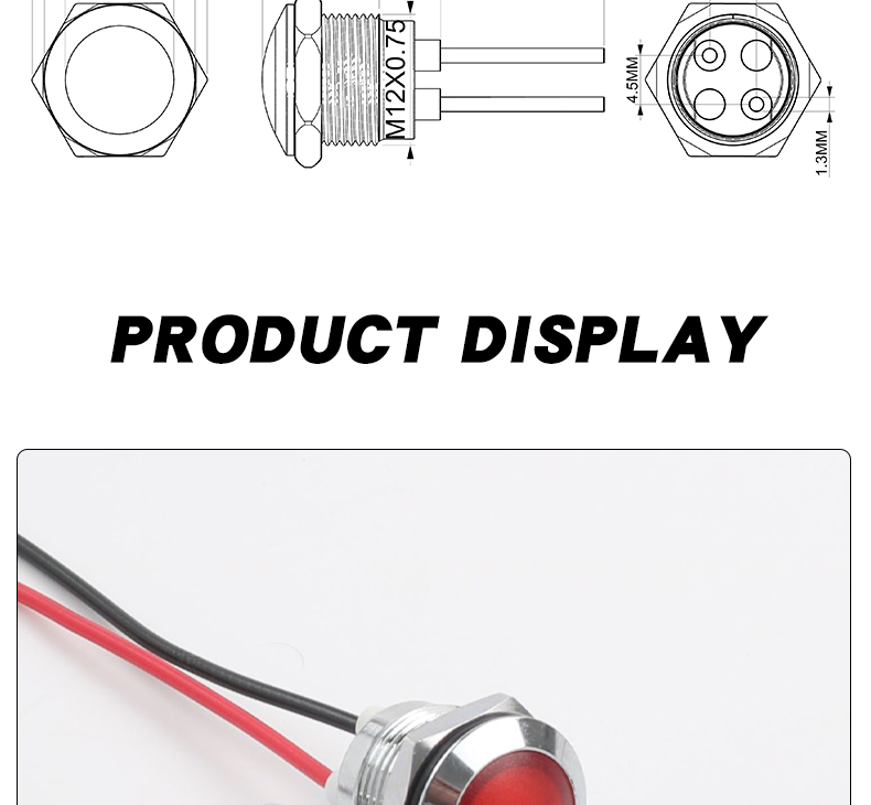 IP66 12mm Metal Power LED Indicator Light 150mm Industrial Control Red Green Yellow Blue White 6V 24V 220V 50000 Hours Lifespan