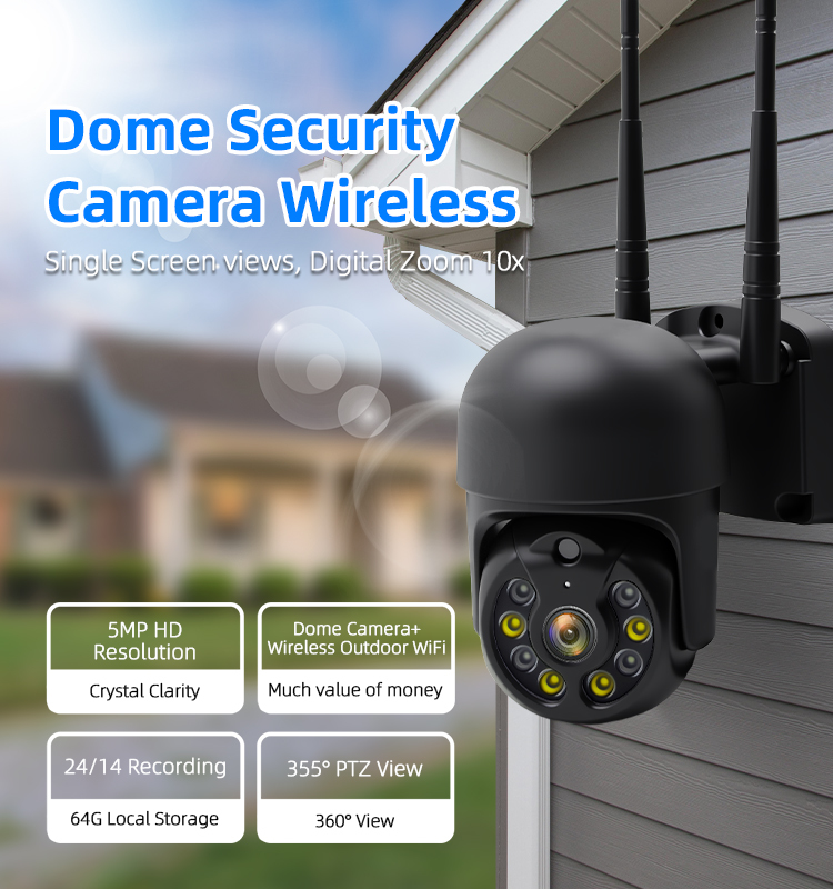 5MP Outdoor WiFi PTZ Security Camera,Human Motion Auto‑Tracking,Full‑Color Night Vision,Two‑Way Talk,IP65 Waterproof Wireless Dome IP Camera