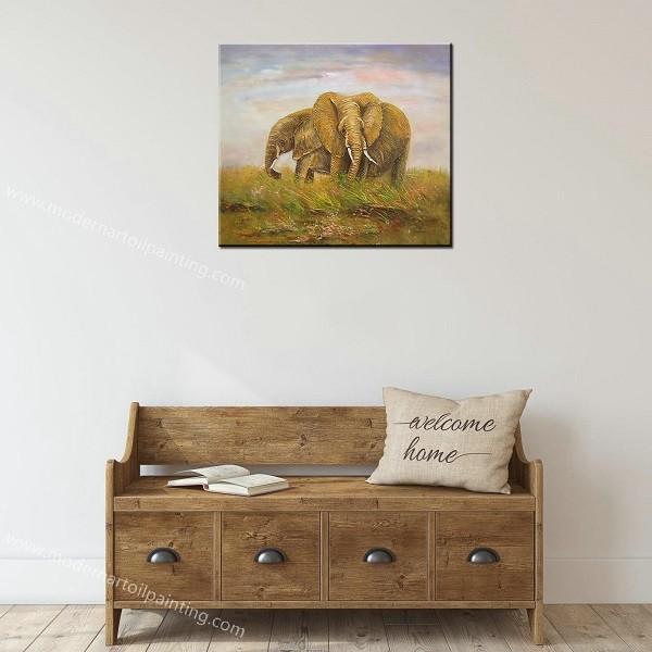 100% Handmade Family Elephant Love Oil Paintings on Canvas Cute Animal Wall Art Mural for Home Decoration