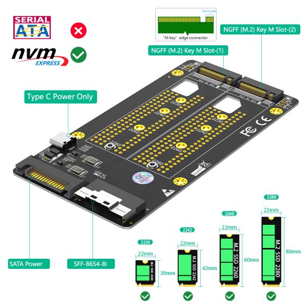 Dual M.2 NVMe to SFF-8654 8i Adapter with PCIe Bifurcation Support for High-Speed Data Transmission
