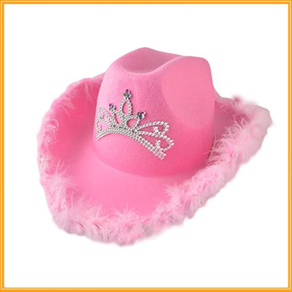 Feathered Border Pink Western Cowboy Hat with Light Pink Crown and Customizable Logo