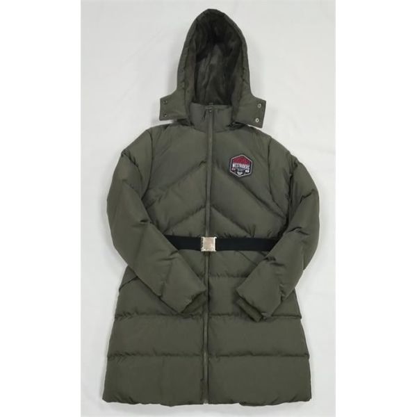 Polyester Womens Long Padded Coat With Hood Belt Zips Long Puffer Fur Hood