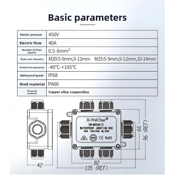 Caja de conexiones estanca de paso - Conector de prensaestopas de 1 entrada y 5 salidas