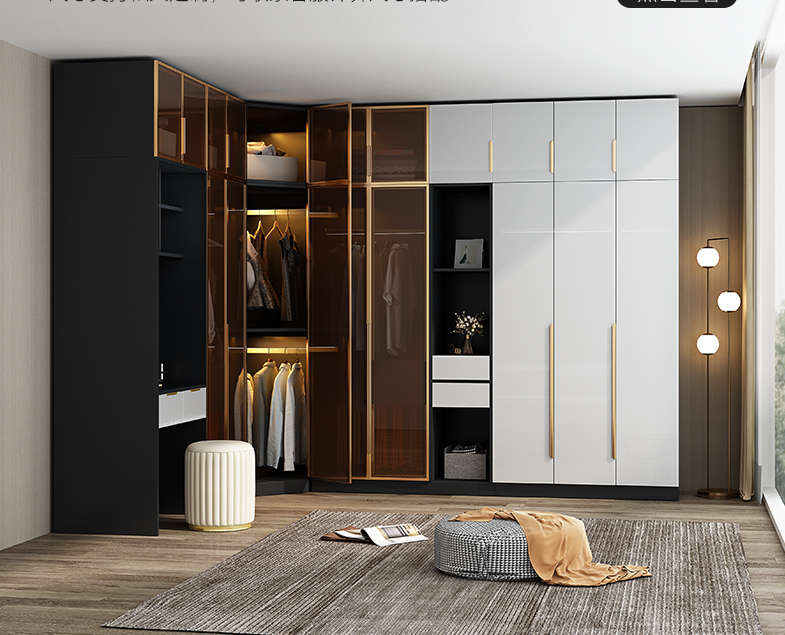 White Glass Door Combine Bedroom Wardrobe Closet With Soft Closing Sliding