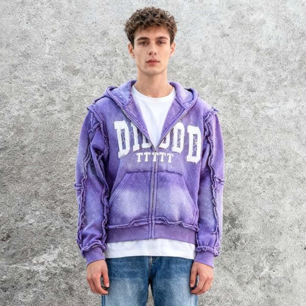 OEM&ODM Wholesale Custom High Quality Heavyweight Men's Hoodie Applique Embroidered Rhinestone Acid Wash Fashion Zip up Hoodie