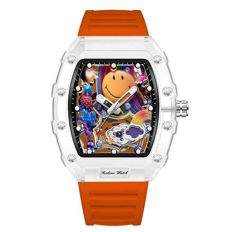 Men White Tonneau Barrel Quartz Watch Colorful Graffiti Smiley Face Hollow Dial Hip Hop Street Fashion Waterproof Silicone Strap Wristwatch