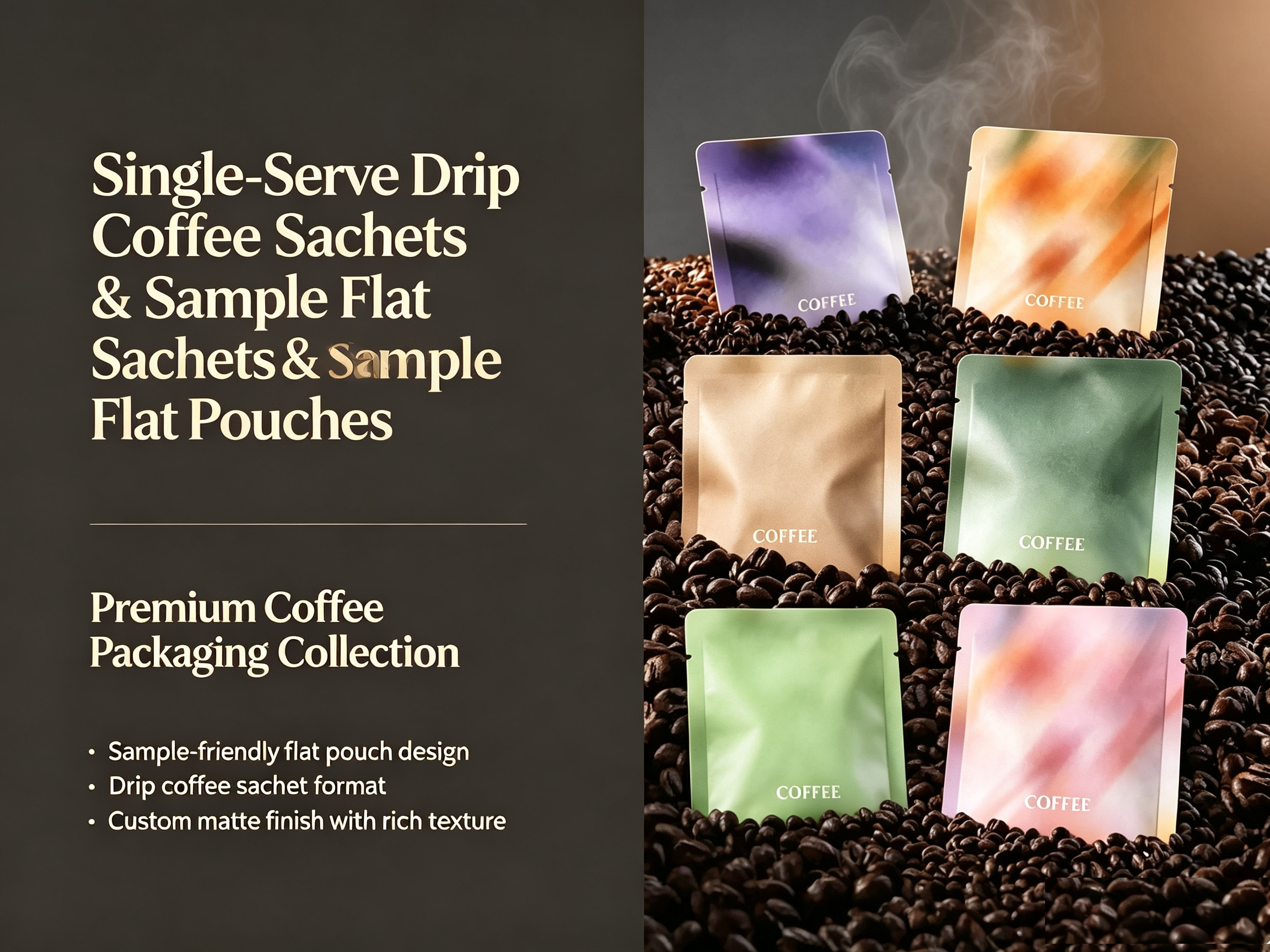 Single-Serve Drip Coffee Sachets & Sample Flat Pouches | Custom Printed 3 Side Seal Coffee Sample Bags For Hanging Drip Coffee OEM Packaging