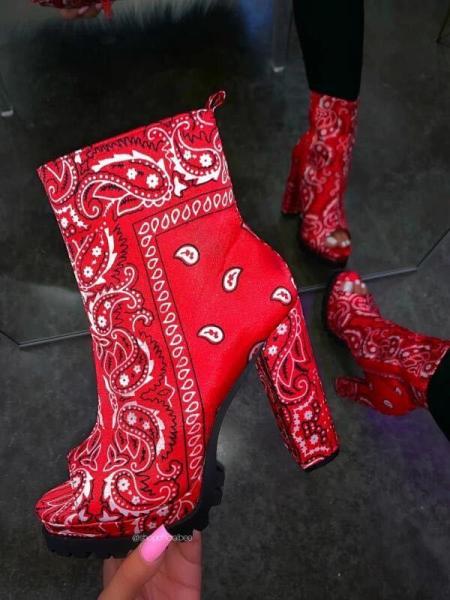 Classic ethnic print 4inch Ladies High Heeled Boots Size11 open toe hip ankle