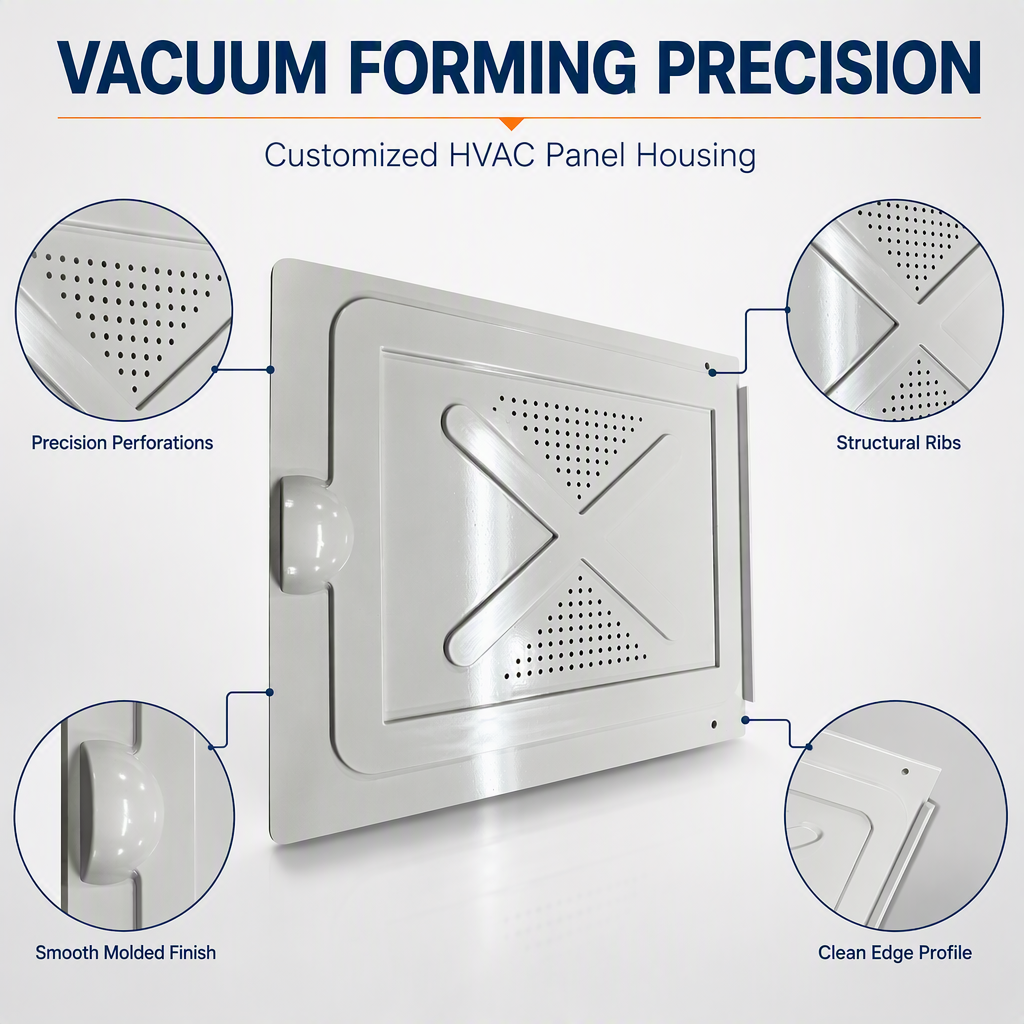 OEM Thick Vacuum Formed AC Control Panel Housing | Heavy Duty Thermoforming Plastic Cover Cutting for HVAC Customized Shapes