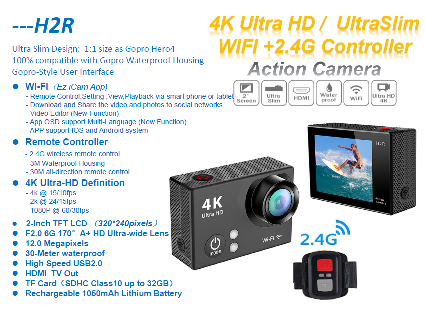 2016 Latest 2.0 Inch Sunplus SPCA6350 HD 170 Degre Wide Angle 30M Waterproof H2R 4K Camera