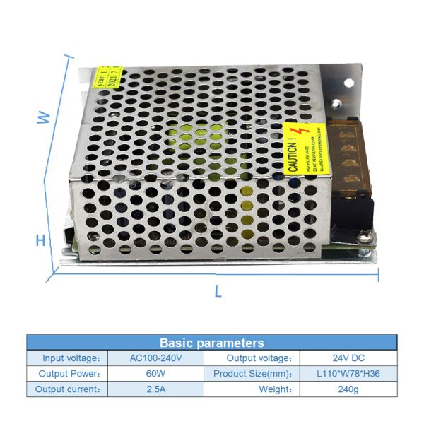 Подгонянный отрегулировал AC 100V 240V электропитания переключения к DC 24V 2.5A 60W