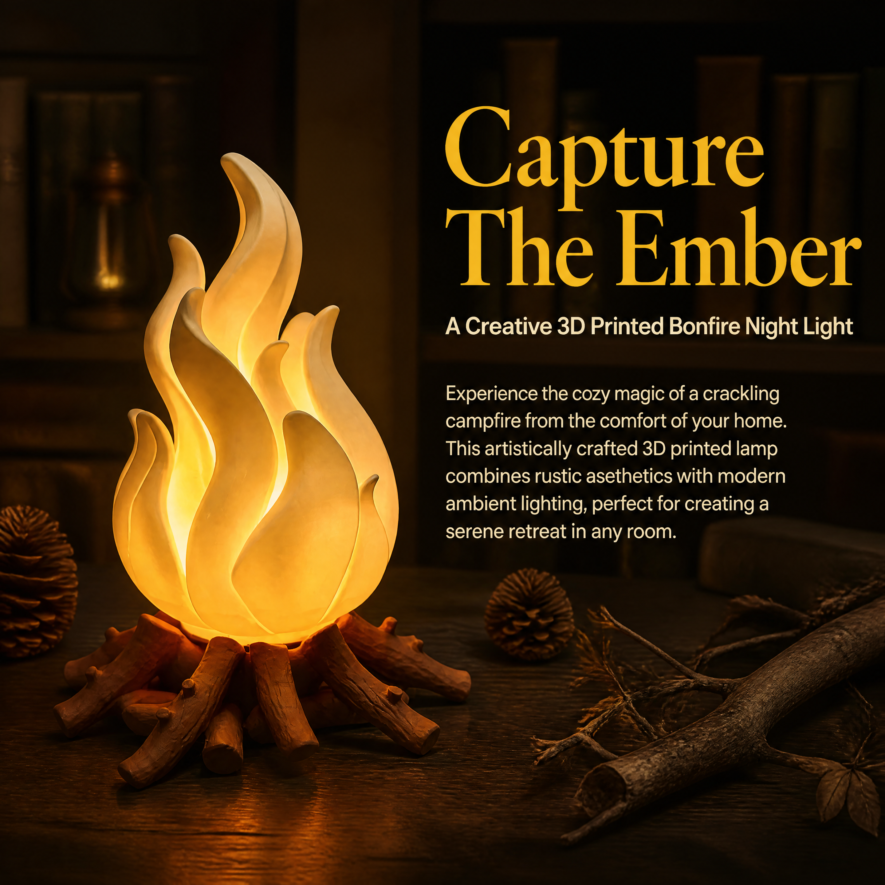 Campfire Flame 3D Printed Lighting Fixtures, Warm LED Table Night Light