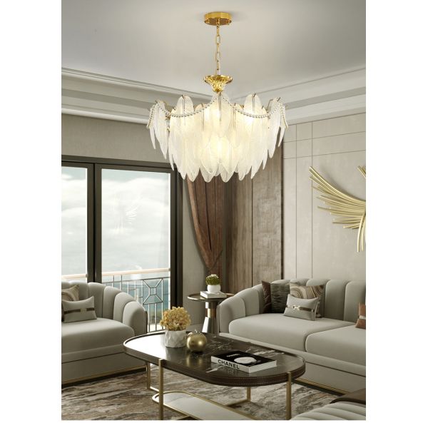 Modern Simple Pearl Feather Glass Chandelier Luxury Living Room Lamp Bedroom Dining Room White Chandelier(WHCY-253)