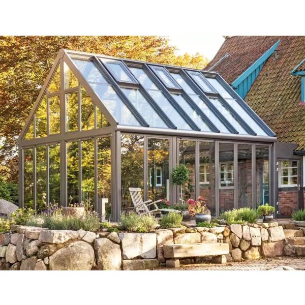 Herringbone Roof Tempered Glass Sunroom Aluminum Frame Windproof Heat Preservation Metal Frame Sunroom Ventilation Design