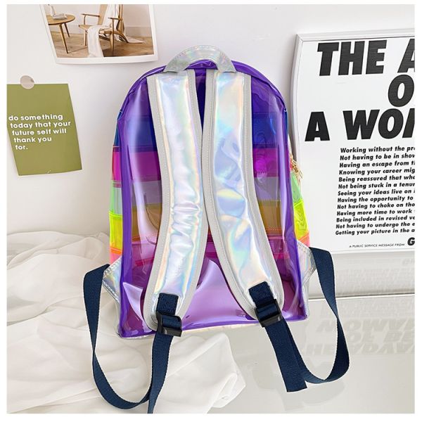 Stylish Transparent PVC Backpack Women's Jelly Stripe Stitching Rainbow Hologram for Daily