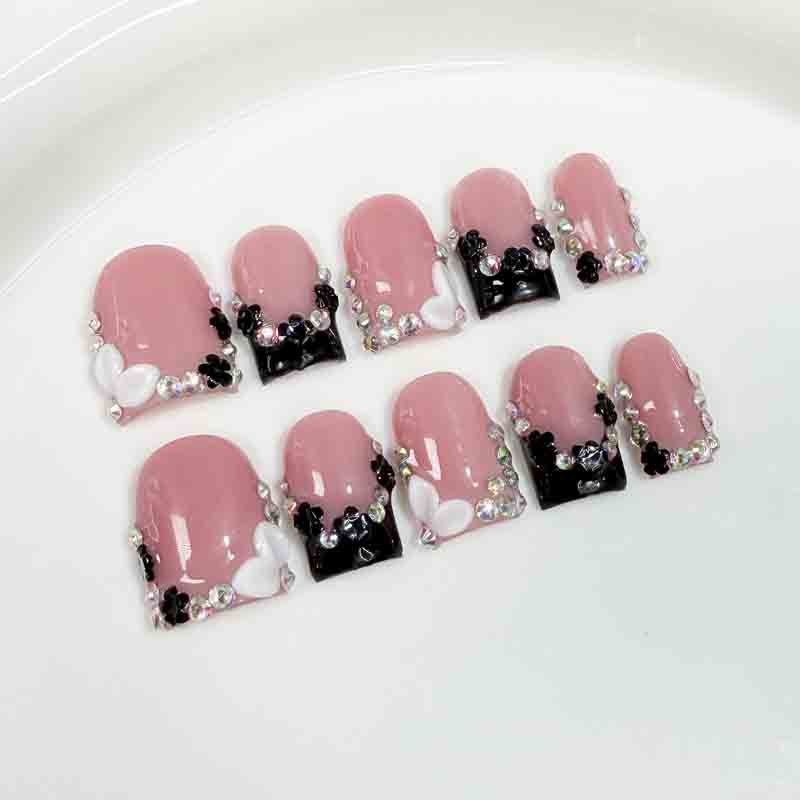 Reusable French Nail Art Handmade Fake Nails Pink & Black Rhinestone Design