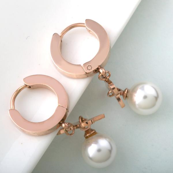 Rose Gold Pearl Stud Earrings with stainless steel materials, Bowknot TasselsPearl  Earring