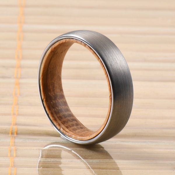 TRENDY 6mm Silver or Black Plated Whiskey Barrel Wood Tungsten Ring for Men's and Women's Wedding or Engagement Band
