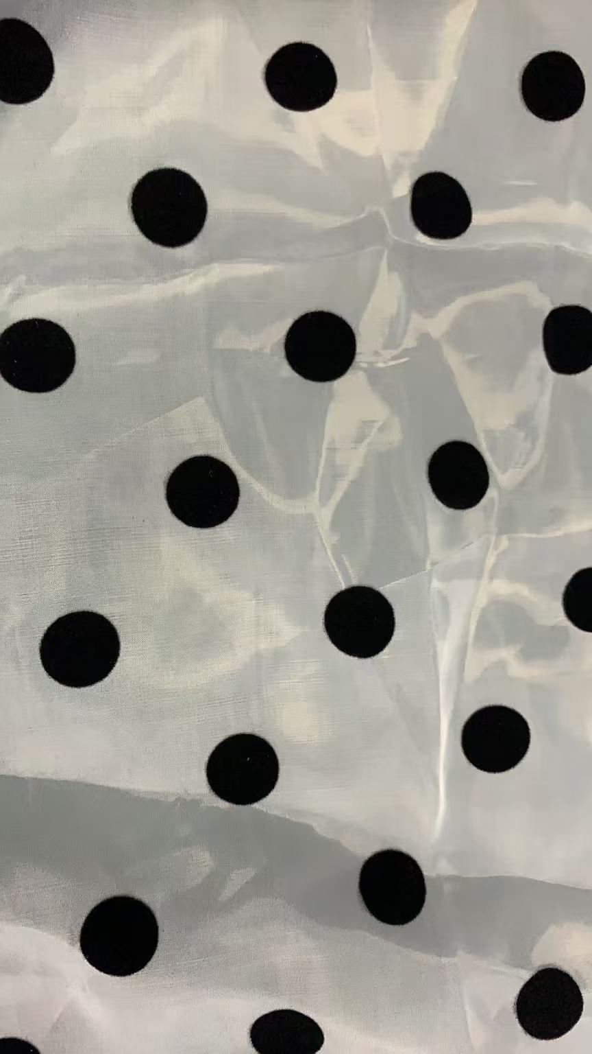 Luxury 100% Polyester Organza Lace Fabric with Black Polka Flocking Dot Print for Home Decor & Clothing