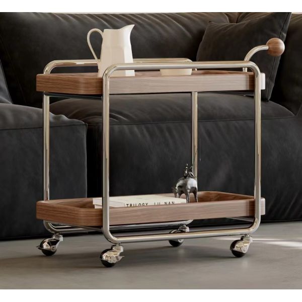 Nordic Modern Low Side Table Trolley Trolly With Wheels Stainless Steel Frame Solid Wood Handle