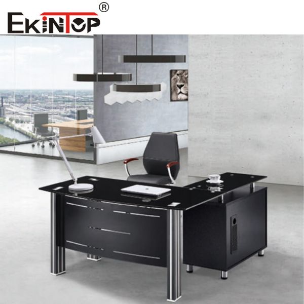 Современный стеклянный рабочий стол с ногами металла и стеклянным столом ящика исполнительным